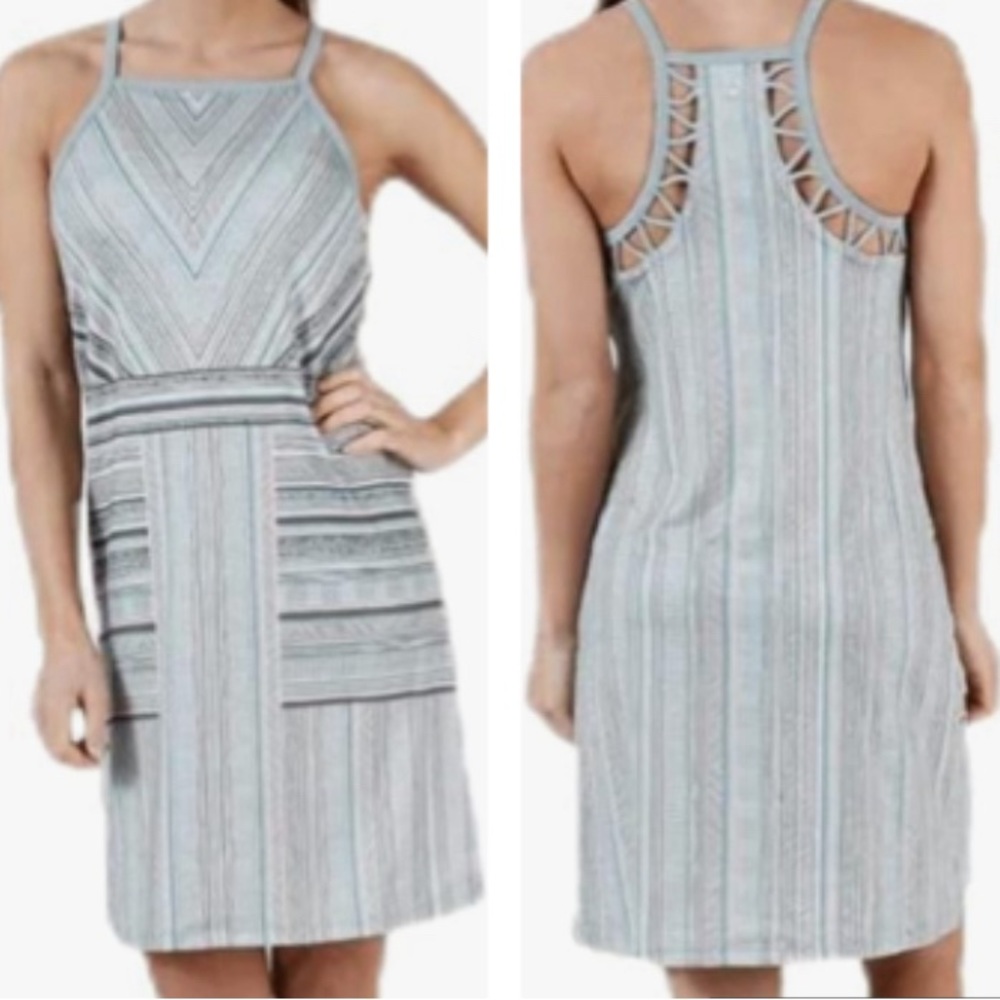 Prana Ardor Dress High Neck Racerback Strappy Back‎ Gray Print Size M